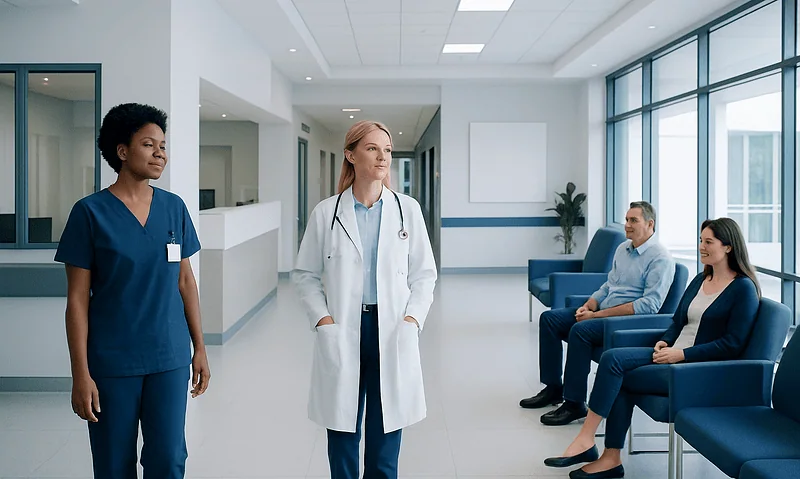 Medical professionals and patients in a modern hospital waiting area.