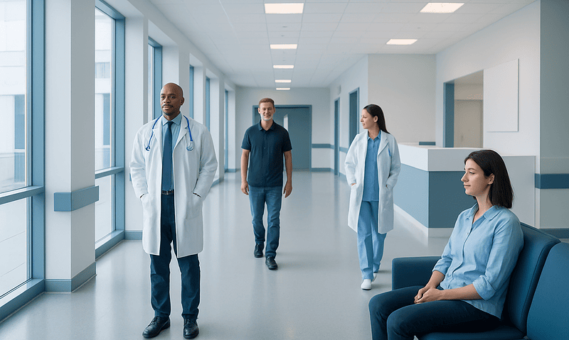 Medical professionals walking in a hospital corridor with a patient sitting nearby.