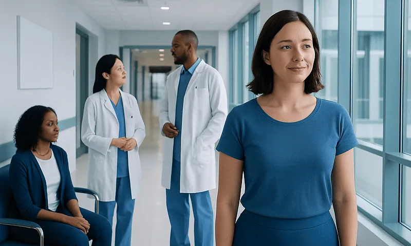 Healthcare professionals and patient in a hospital corridor.