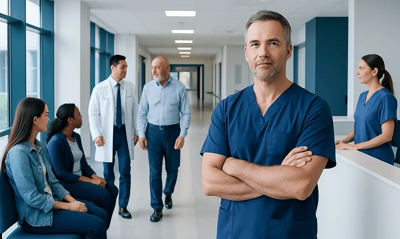 Healthcare professionals in a hospital corridor with a doctor in blue scrubs.
