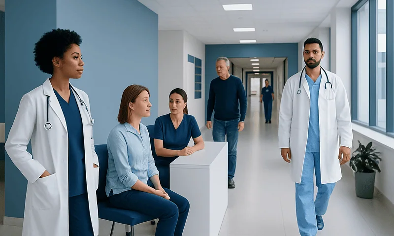 Medical team waiting in hospital corridor at Acibadem Hospitals Group.