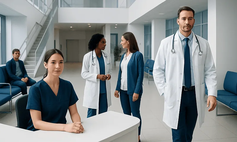 Medical team at Acibadem Hospitals Group in modern hospital lobby.