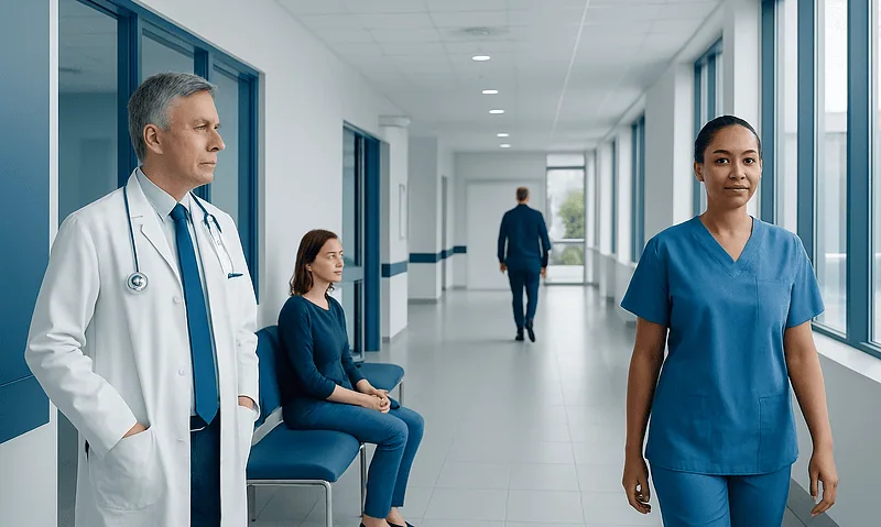 Healthcare professionals waiting in a hospital corridor at Acibadem Hospitals Group.