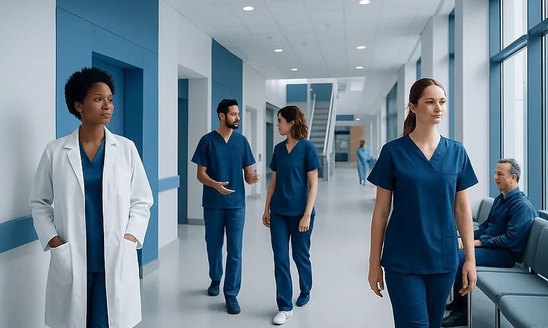 Healthcare professionals walking in a hospital corridor with blue accents.