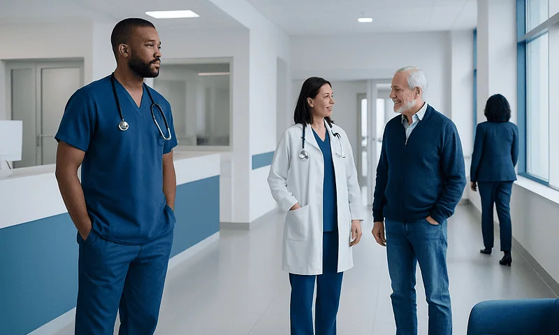 Healthcare professionals and a patient conversing in a hospital corridor.