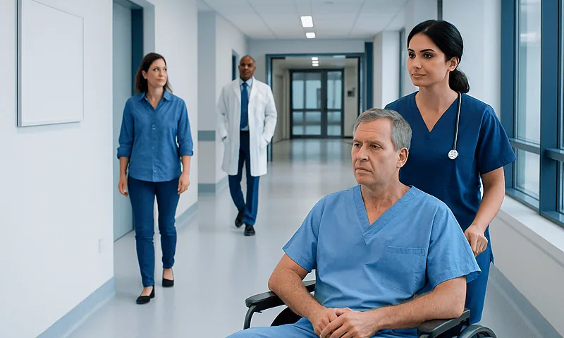 Healthcare team assisting a patient in a hospital corridor.