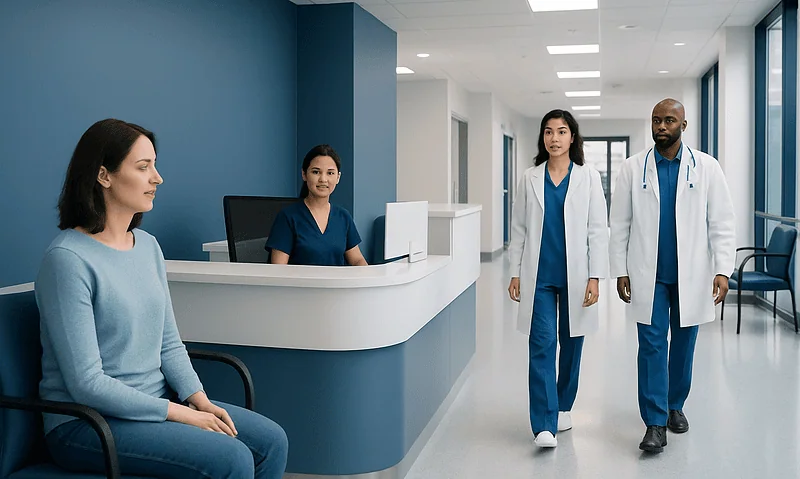 Patient waiting in hospital reception with medical staff nearby.