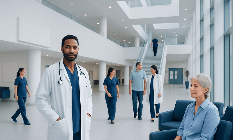 Diverse medical team in modern hospital lobby with patient and staff.