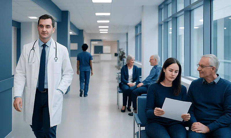 Healthcare professionals and patients in a modern hospital corridor.