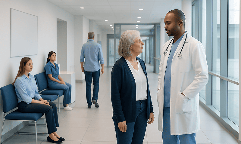 Doctor consulting with an elderly patient in a hospital corridor.