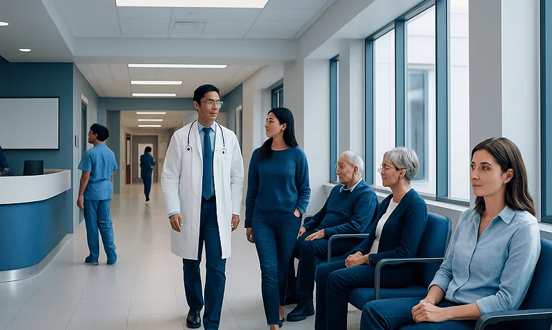 Medical staff and patients in a hospital corridor with large windows.