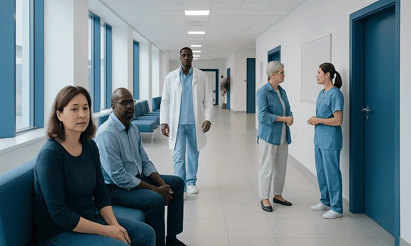 Hospital waiting area with medical staff and patients at Acibadem Hospitals Group.