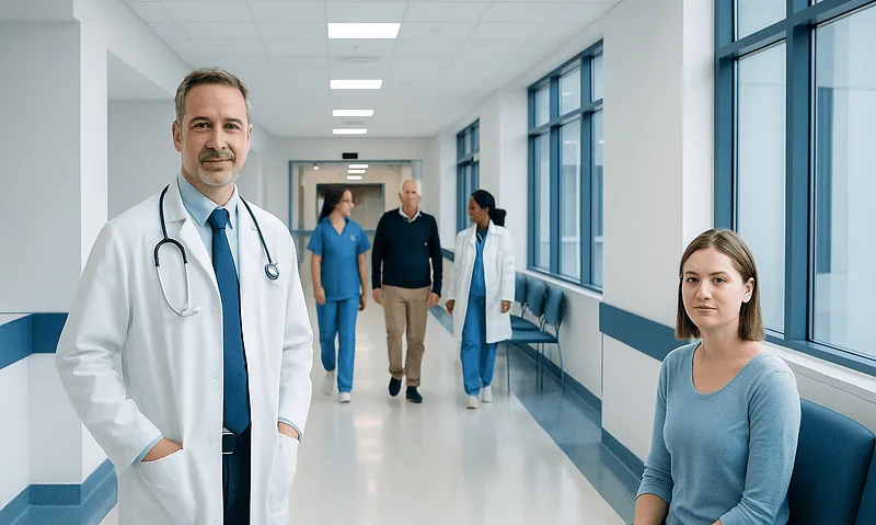 Medical team and patient in hospital corridor at Acibadem Hospitals Group.