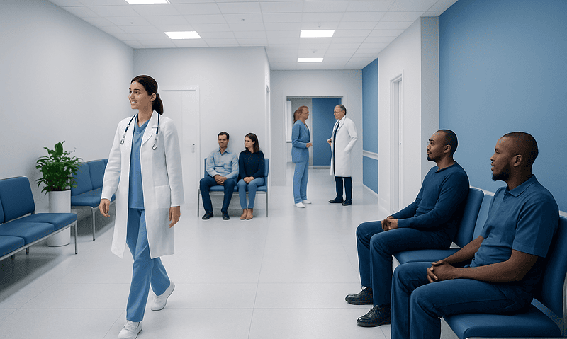 Medical staff and patients in a modern hospital waiting area.