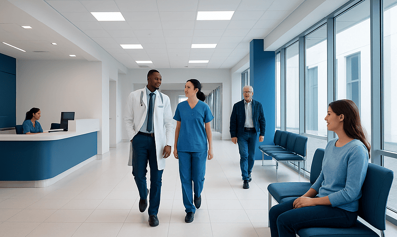 Healthcare professionals and patients in a modern hospital corridor.