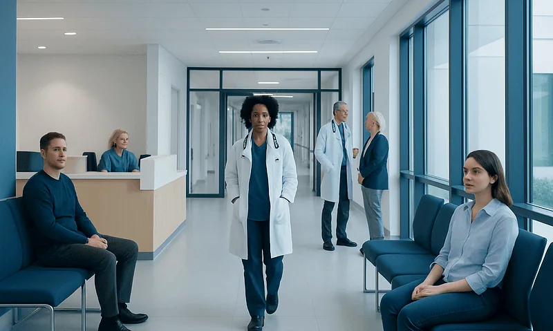 Healthcare professionals and patients in a modern hospital corridor.