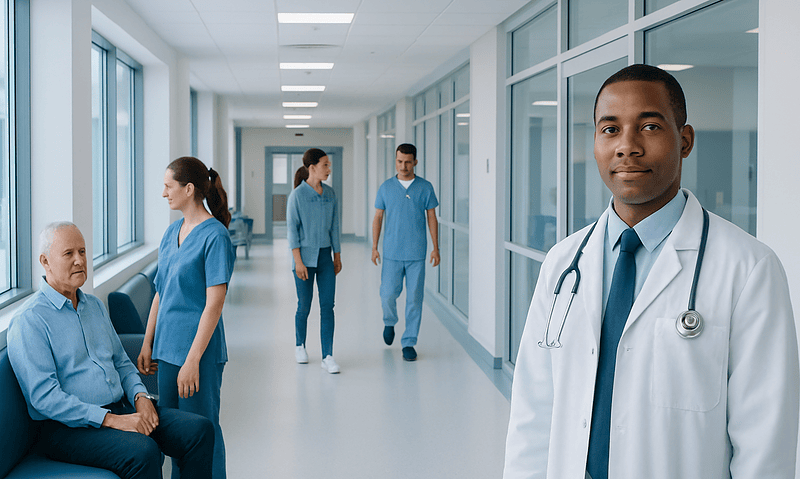 Healthcare professionals and patient in a modern hospital corridor.