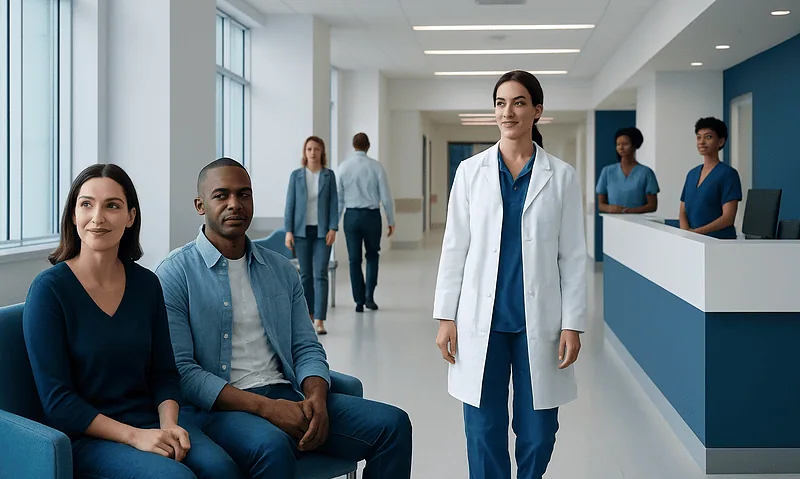 Healthcare professionals and patients in a modern hospital lobby.