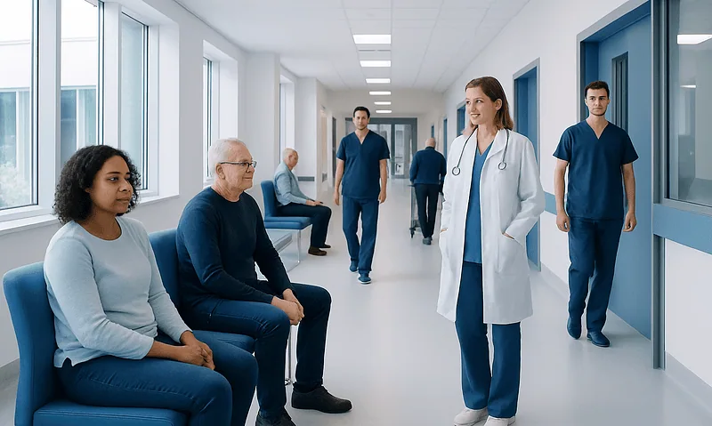 Healthcare professionals and patients in a modern hospital corridor.