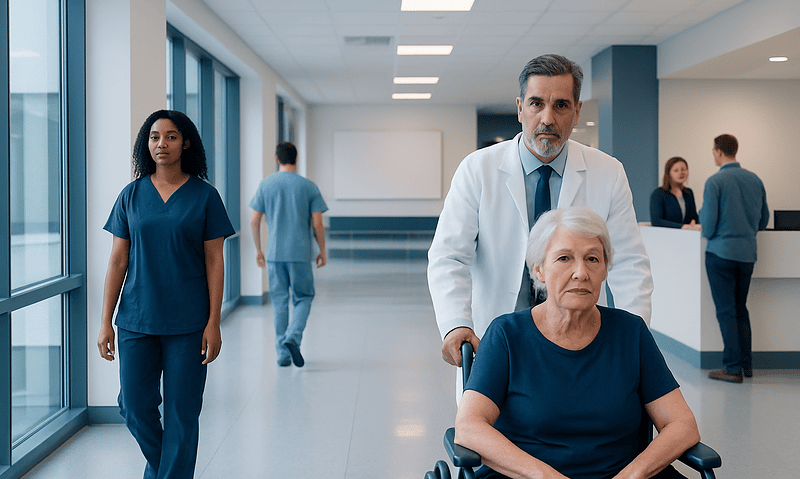 Hospital staff assisting elderly patient in a modern healthcare facility.