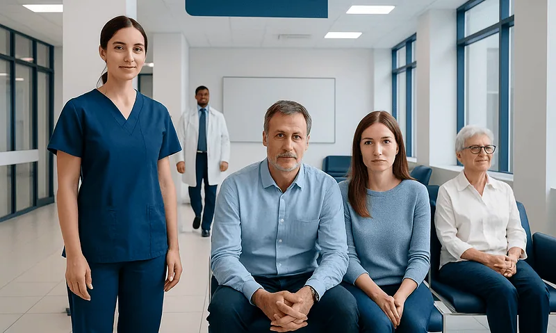 Medical team with patient in hospital waiting area at Acibadem Hospitals Group.