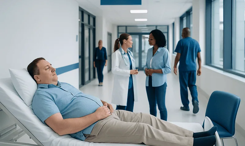 Patient resting in hospital bed with medical staff nearby.