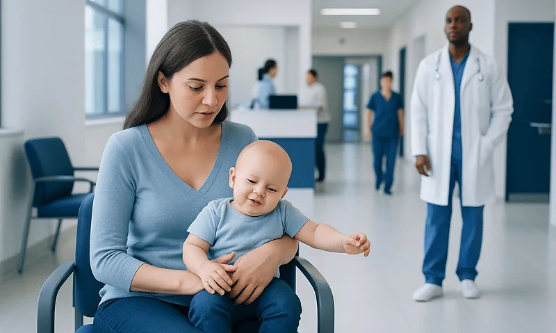 Mother and baby at hospital with medical staff in background.