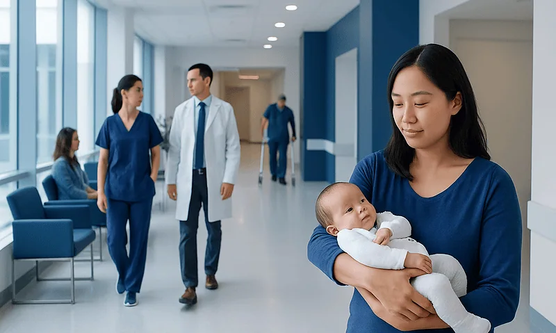 Mother holding newborn baby in hospital corridor at Acibadem Hospitals Group.