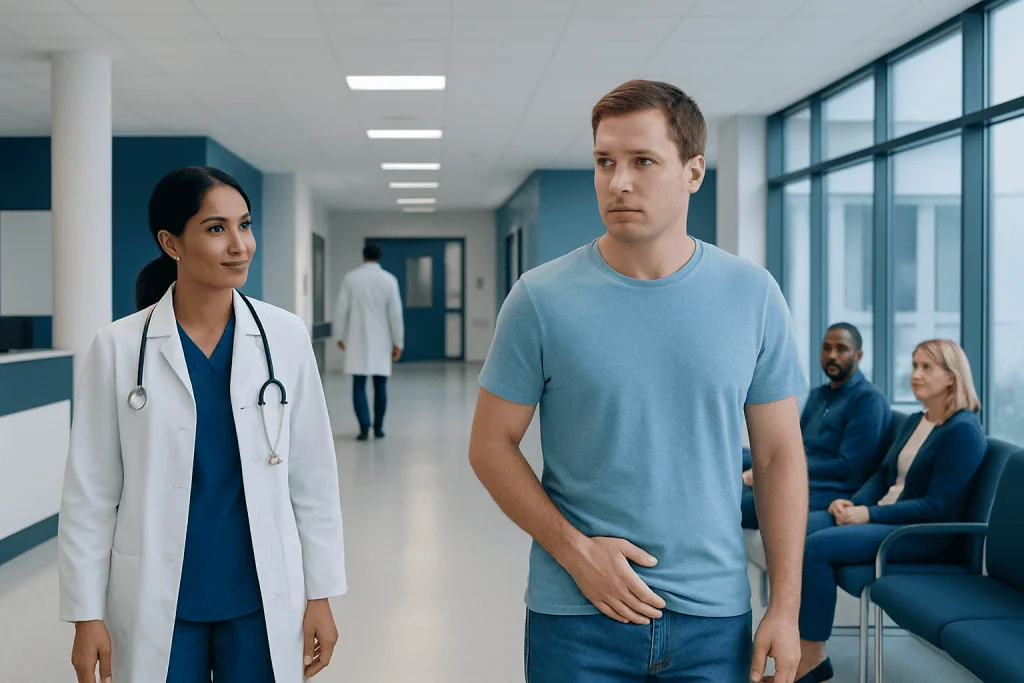 One Testis Larger Than the Other: A Complete Medical Overview 1 Patient in hospital corridor with medical staff and other patients.