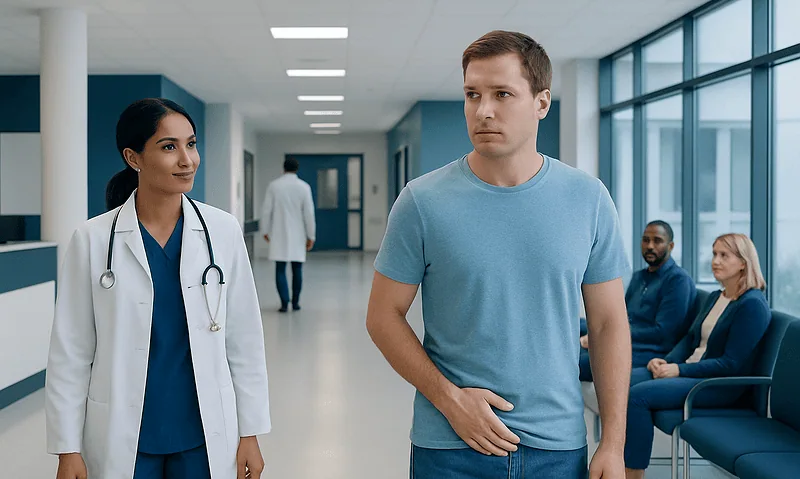 Patient in hospital corridor with medical staff and other patients.