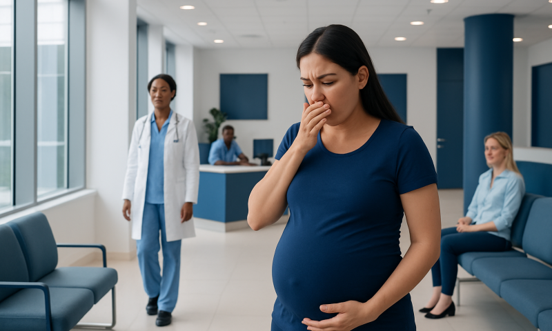 Pregnant woman experiencing nausea in hospital waiting area.