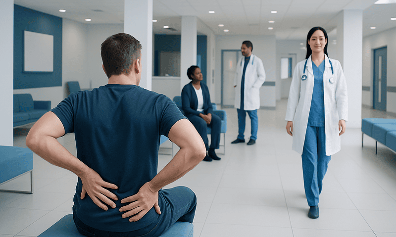 Patient experiencing lower back pain during a medical consultation at Acibadem Hospital.