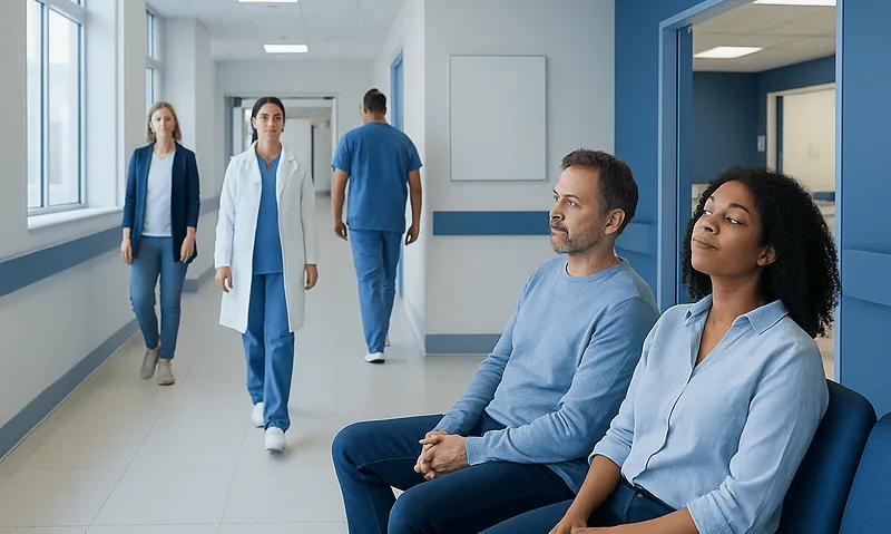 Patients waiting in a hospital corridor at Acibadem Hospitals Group.