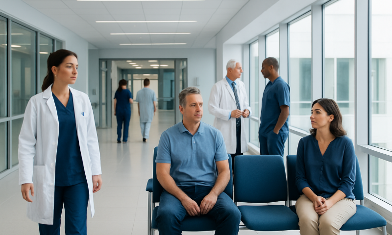 Medical consultation in a modern hospital corridor with doctors and patients.