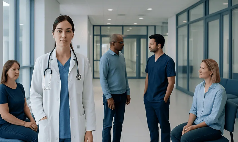 Medical team in hospital corridor with doctor and nurses.