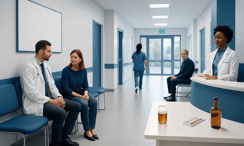 Medical consultation in a hospital corridor with doctors and patient.