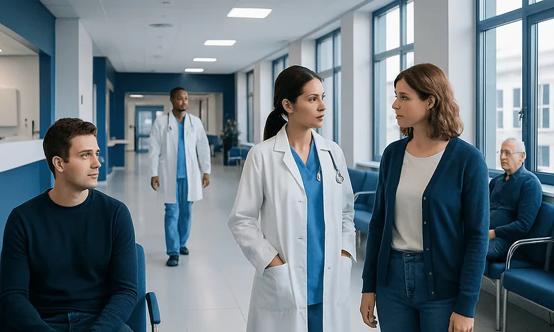 Medical staff and patients in a hospital corridor.