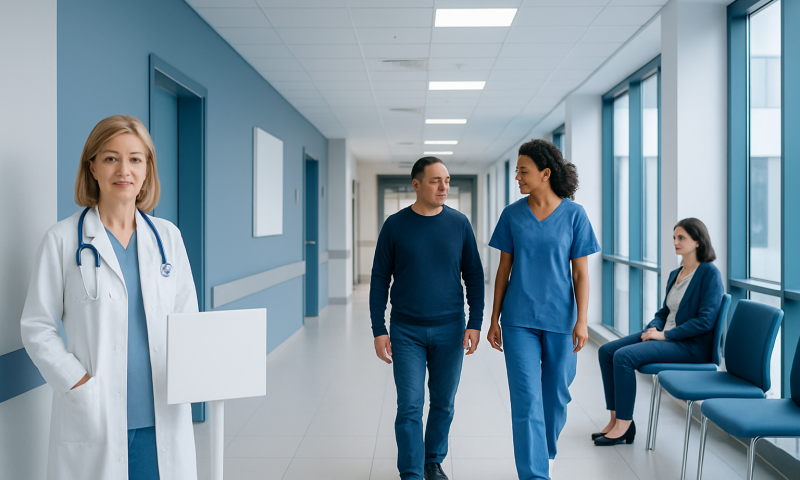 Healthcare professionals walking in hospital corridor with patient sitting nearby.