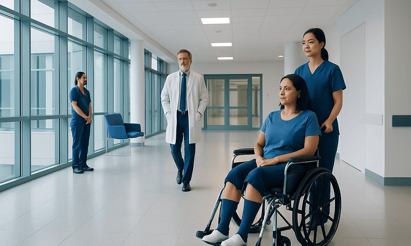 Medical team discussing patient care in a modern hospital corridor.