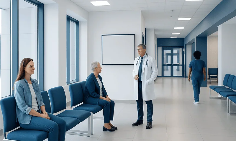 Medical consultation in a modern hospital corridor with patients and doctor.