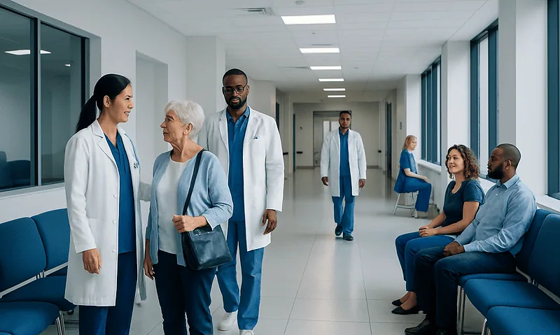 Medical staff and patients in a hospital corridor at Acibadem Hospitals Group.