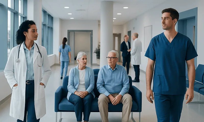 Hospital waiting area with medical staff and patients in a modern healthcare facility.