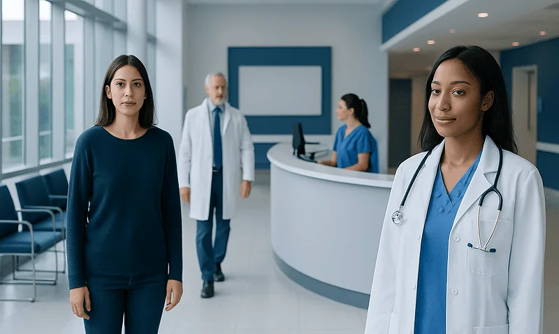 Healthcare professionals and patient in a modern hospital lobby.