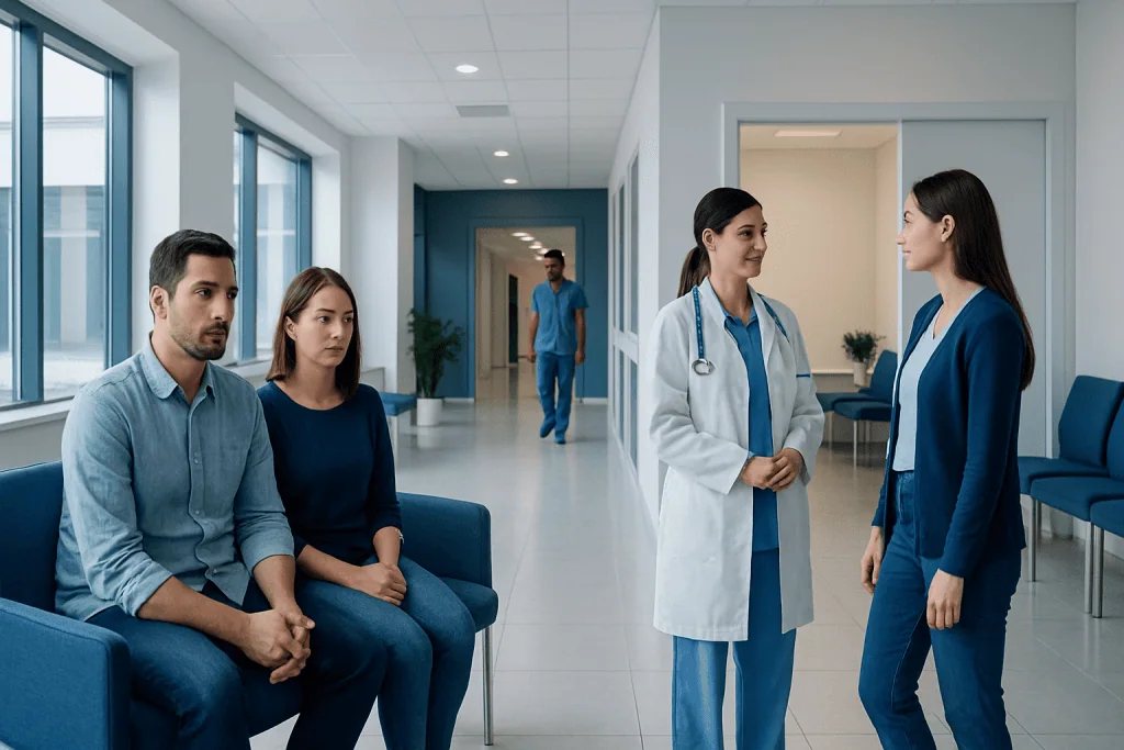 When Is IVF a Good Next Step After Failed IUI? 1 Patients waiting in a hospital corridor with medical staff consulting.
