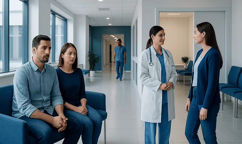 Patients waiting in a hospital corridor with medical staff consulting.