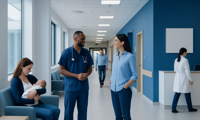 Healthcare professionals and a mother with a baby in a hospital corridor.