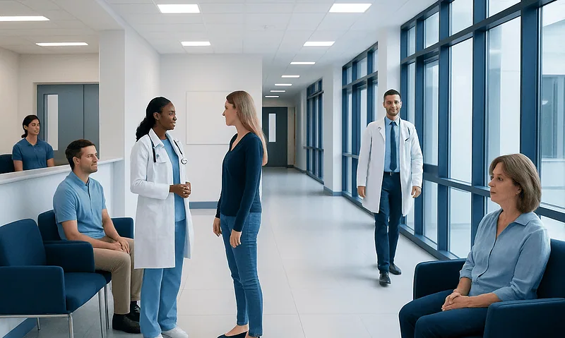 Medical consultation in hospital corridor with healthcare professionals and patients.