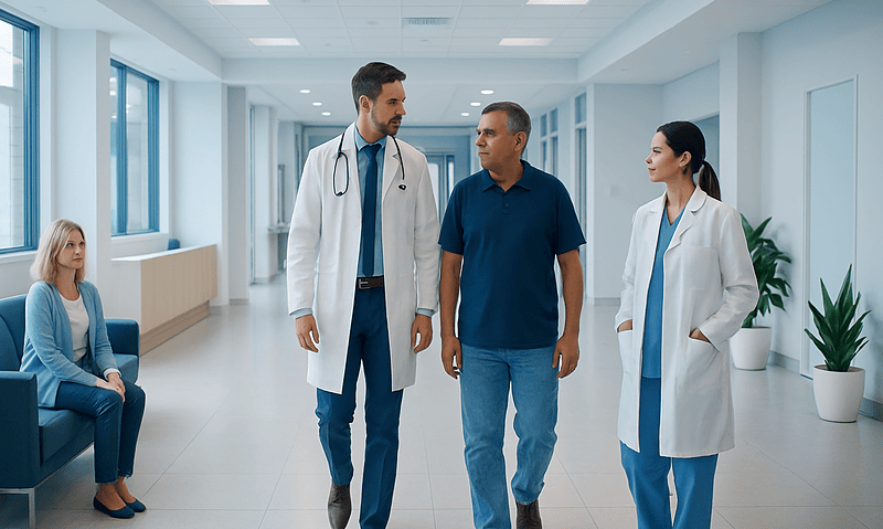 Doctors and patient walking in hospital corridor with waiting area.