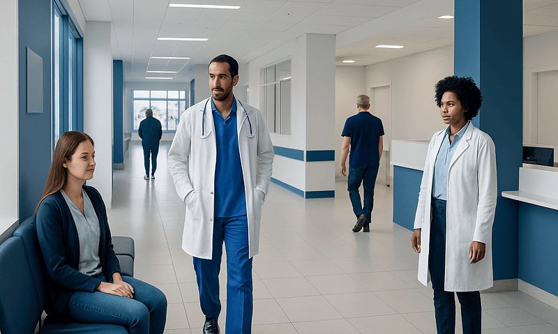 Medical professionals and a patient in a modern hospital corridor.
