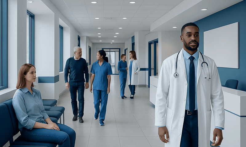 Modern hospital corridor with medical staff and patient in waiting area.